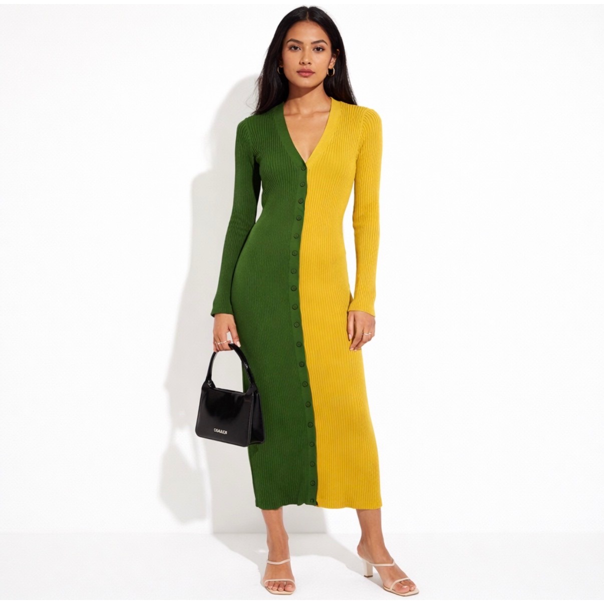 Staud Shoko Two Tone Ribbed Knit Button Front Midi Dress Green Yellow Small